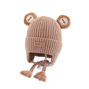 Cute brown knit baby winter hat with plush bear ears and warm fleece lining