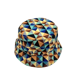 Colorful plaid geometric bucket hat with multi-color triangle patchwork pattern for sun protection