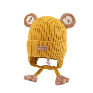 Winter cartoon bear ear knitted baby hat in ginger yellow with thick fleece lining