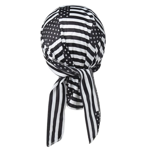 Detail view of monochrome American flag durag featuring reinforced white stitching and ties