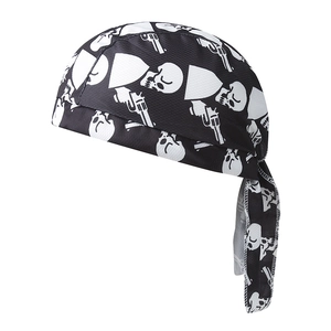 Detail of breathable mesh fabric and skull with revolvers print on black pirate cap
