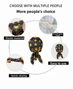 Detail of sun pattern on black breathable headwrap with elastic quick-dry mesh fabric