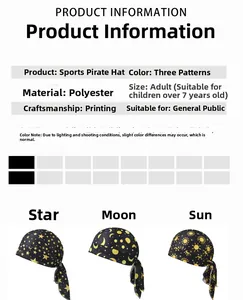 Polyester cycling headscarf with sun, moon, and star patterns showing adjustable strap design