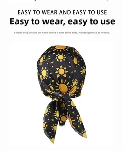 Detail of adjustable star and sun pattern cycling doo-rag with breathable long straps