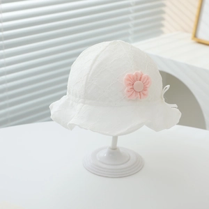 Baby girl white lace sun hat with pink flower detail and chin strap for summer