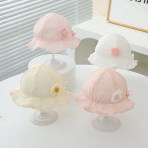 Infant Girl Lace Sun Hat Summer Breathable Fisherman Hat With 3D Flower Bow Lace Ruffle Edge Princess Sun Protection Hat