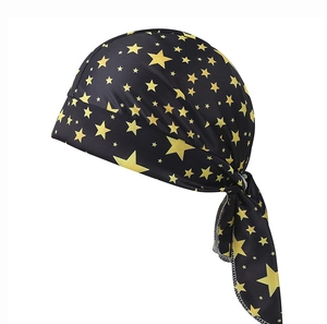 Close-up of black sports durag featuring yellow star patterns and adjustable tie straps