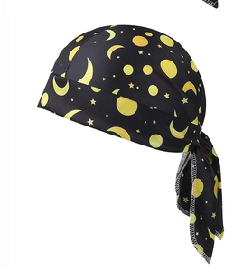 Detail of star and moon patterned cycling bandana with adjustable lace-up ties