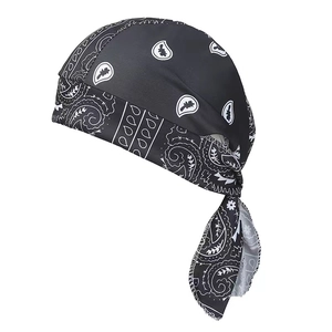 Outdoor cycling pirate hat featuring black and white paisley print with long tail straps