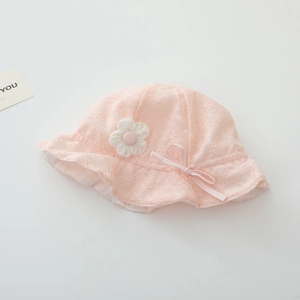 Close-up of pink baby sun hat with intricate floral lace texture and ribbon bow detail