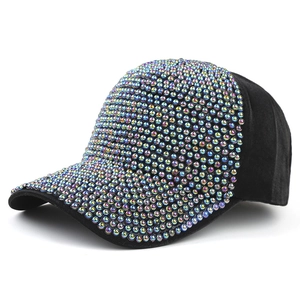 Iridescent pearl baseball cap with black fabric and colorful rhinestone sun visor