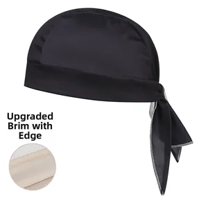 Detail of the stitching and reinforced brim on the black cycling bandana pirate hat