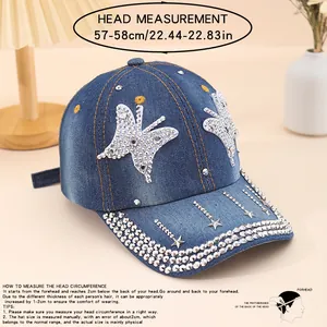 Size guide for denim baseball cap with rhinestones showing 57-58cm head measurement