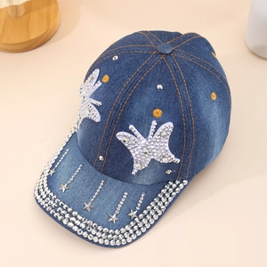 Blue denim baseball cap for women with glittering rhinestones and butterfly patterns