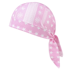 Pink headwrap featuring white stars and geometric patterns with adjustable back ties