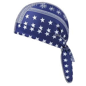 Detail of navy blue pirate headwrap featuring white stars and breathable sports fabric
