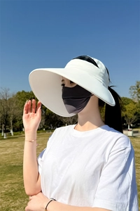 Detailansicht eines weißen Sonnenhutes mit breiter Krempe und grauer Gesichtsmaske
