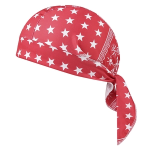 Detailed view of red pirate hat with white star print and adjustable tie straps