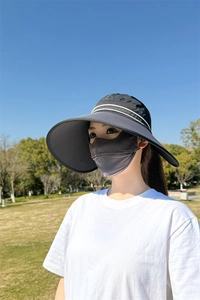 Detail von dunkelgrauem Sonnenhut und passender Kühlmaske für optimalen UV-Schutz
