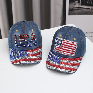 USA Flag Letter USA Denim Baseball Cap With Rhinestones Breathable Sun Protection Outdoor Vintage Hat For Women Men
