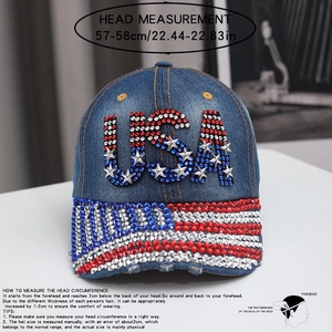 Denim baseball cap with rhinestone USA flag design and head measurement guide