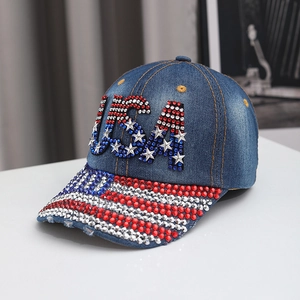 Denim baseball cap featuring USA rhinestone flag pattern and star studs in dark blue finish