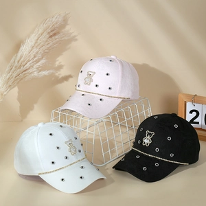 Cute baseball caps with rhinestone bear and gold chains in pink, white, and black colors