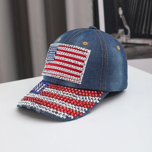 Denim baseball cap with rhinestone American flag and sparkling letter decoration