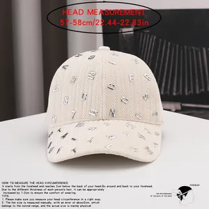 Close-up of head measurement guide for letter-embellished baseball cap