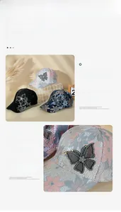 Detailed view of lace embroidery and sparkling rhinestone butterfly on breathable mesh cap