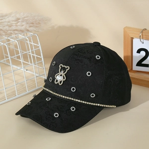 Women Fashion Jacquard Baseball Cap With Rhinestone Artificial Pearl Bear Decor Sunshade Outdoor Travel Adjustable Hat White Black Pink