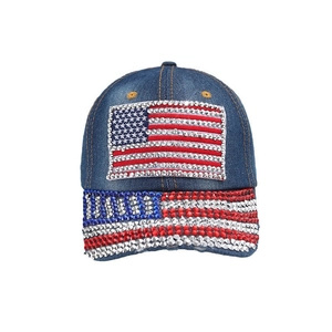 Denim baseball cap featuring USA flag pattern with sparkling rhinestones decoration
