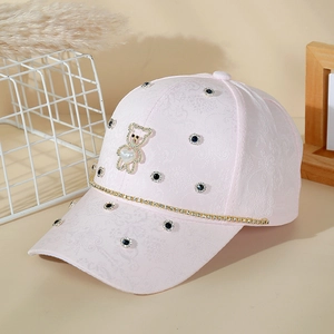 Pink jacquard baseball cap with pearl bear and rhinestones for stylish sun protection
