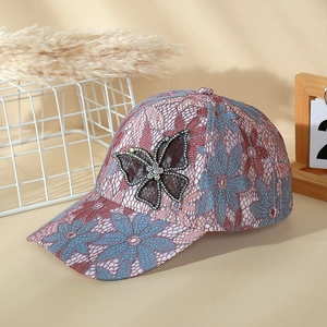 Women Fashion Lace Mesh Baseball Cap Rhinestone Butterfly Floral Sun Protection Breathable Adjustable Outdoor Casual Hat