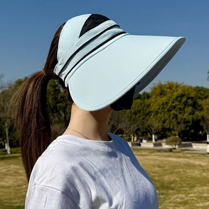 Damen UV Schutz Sonnenhut Großer Krempe Leeres Oberteil Visier Atmungsaktiv Netz Gestreift Sommer Strand Radfahren Sonnenschutz Kappe