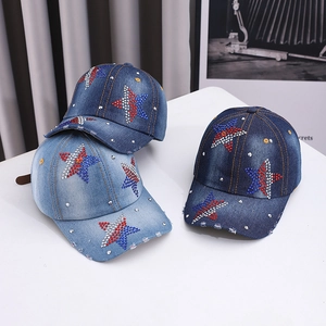 Denim baseball cap set with rhinestone star patterns and stylish distressed brim details