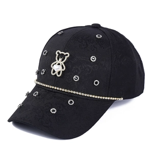 Fashionable black baseball cap with rhinestone bear motif and textured floral jacquard fabric