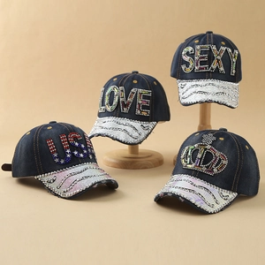 Jeans-Baseballkappen mit Strass USA LOVE SEXY Buchstaben und Pailletten am Schirm