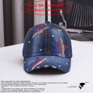 American retro denim baseball cap with rhinestone stars and distressed brim details