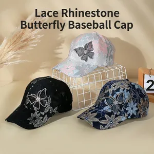 Breathable mesh lace baseball cap with rhinestone butterfly decor for sun protection