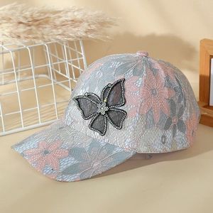 Elegant grey lace baseball cap with large rhinestone butterfly bow and floral patterns