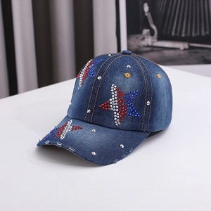 Retro American Denim Baseball Cap Washed Distressed Star Rhinestone Studded Streetwear Y2K Hip Hop Sun Hat For Women Men