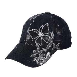 Women's black lace mesh baseball cap with sparkling rhinestone butterfly design