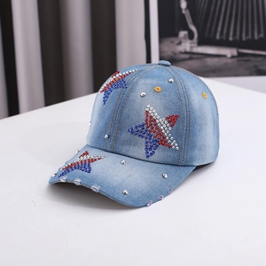 Denim baseball cap with rhinestone star pattern and distressed brim for women