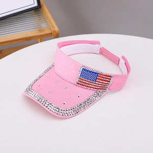 Visière à la Mode en Toile de Coton pour Femmes Avec Strass Drapeau Américain Bling Casquette Sans Calotte pour Plage Extérieur