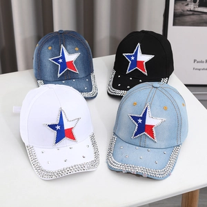 Fashionable baseball caps with rhinestone stars in black, white, and denim blue colors