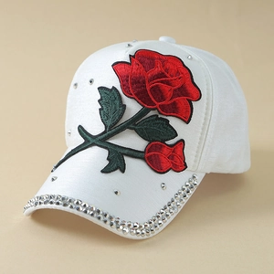 Berretto da Baseball da Donna in Poliestere con Ricamo a Rosa e Strass Moda Protezione Solare Casual Sportivo Cappello