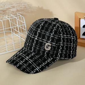 Casquette de Baseball en Tweed à Carreaux Élégante pour Femmes Avec Lettre G en Métal et Strass Chapeau de Soleil Vintage