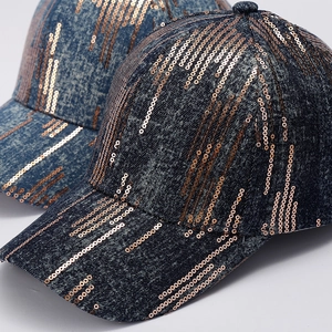 Deep blue denim baseball cap with rose gold sequin drips for men and women