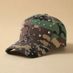 Casquette de Baseball Camouflage avec Strass et Étoiles en Métal Chapeau de Soleil Extérieur Hip Hop Streetwear Unisexe Réglable
